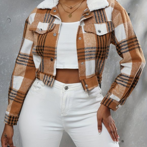 Boho Button Plaid Faux Fur Collar Jacket, Casual Long Sleeve Crop Jacket - Picture 7 of 10